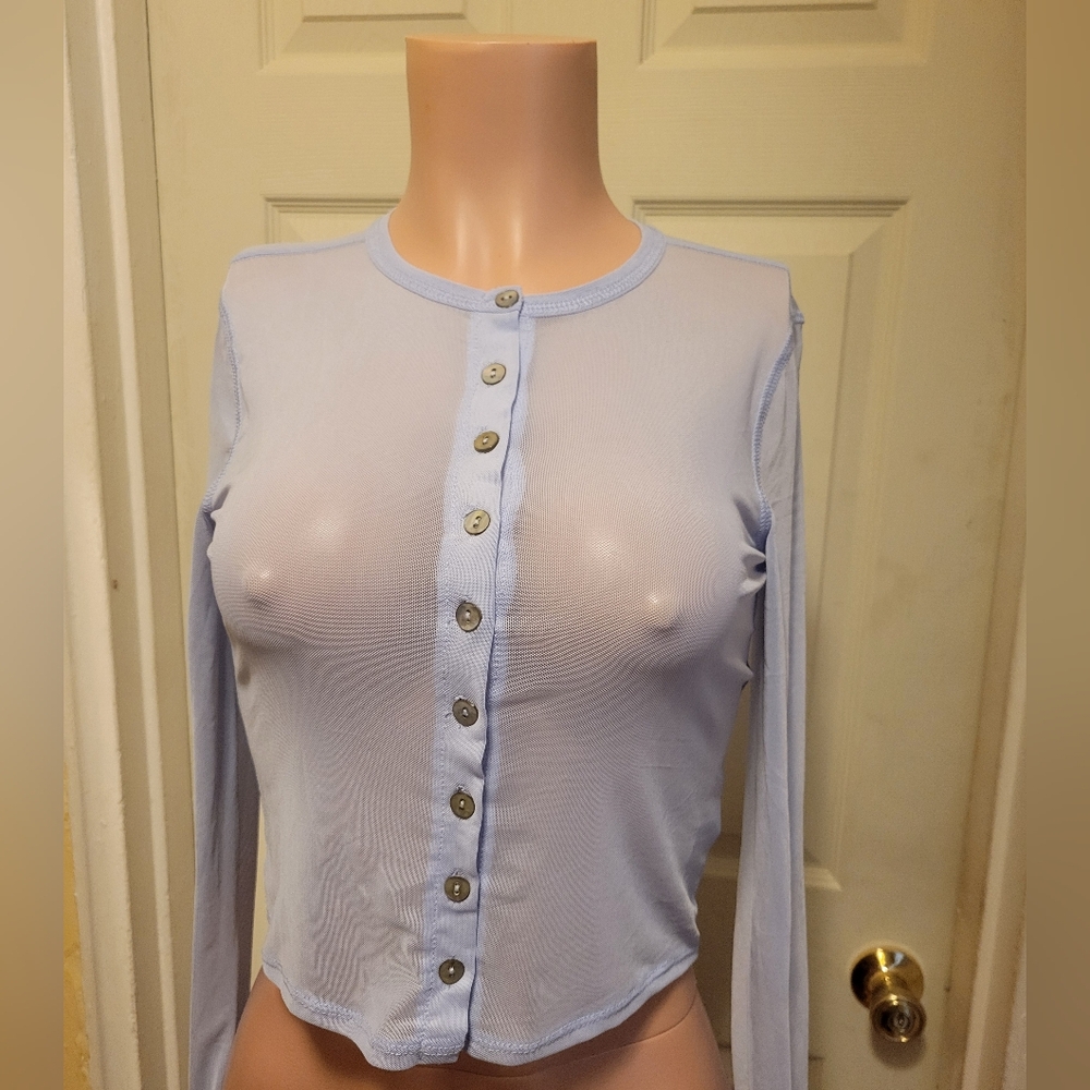 Wild Fable Women's Sheer Light Aqua Blue Button-Down Longsleeve Shirt SZ XS - Picture 5 of 16